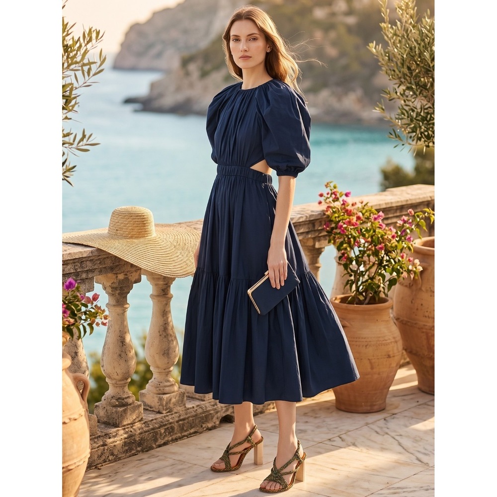 Ulla Johnson Claire Puff Sleeve Cotton Cutout Midi Dress Midnight Navy 6 $470